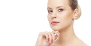 Close-up portrait of beautiful, fresh, healthy and sensual girl over isolated white background