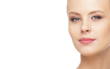 Close-up portrait of beautiful, fresh, healthy and sensual girl over isolated white background