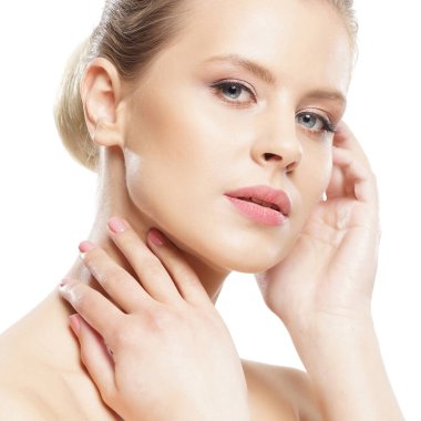 Close-up portrait of beautiful, fresh, healthy and sensual girl over isolated white background
