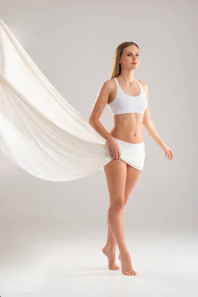 Young Fit Beautiful Blond Woman White Swimsuit Isolated Grey Background Лицензионные Стоковые Изображения