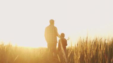 Çiftçi ve oğlu günbatımı tarımının önünde. Kırsalda bir adam ve bir çocuk. Babalık kavramı, köy hayatı, tarım ve kırsal yaşam tarzı..