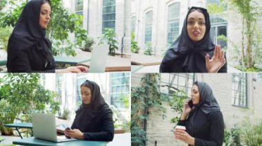 Portrait of young and confident Muslim business woman in hijab. Middle Eastern office worker or businesswoman is working outdoor in the city. Corporate and financial concept.