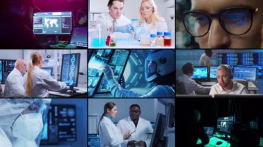 Bilim, araştırma ve laboratuvar işi kavramı. Çeşitli insanlar modern bilim laboratuvarlarında çalışıyor. Uzay, tıbbi ve mikro elektronik araştırmalar. Kolaj seti.