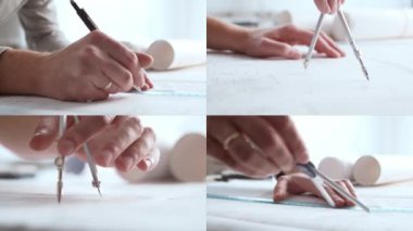 Bir mimarın ellerine yakın çekim. Ofisteki iş yerinde profesyonel emlak tasarımcısı. Set, kolaj, koleksiyon.