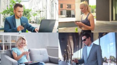 Collage with many different people using smartphone devices. Set collection of many video clips with men and women with mobile phones. The concept of communication, internet and connectivity.