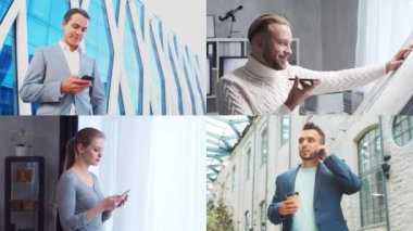 Collage with many different people using smartphone devices. Set collection of many video clips with men and women with mobile phones. The concept of communication, internet and connectivity.