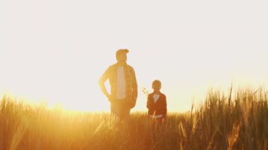 Çiftçi ve oğlu günbatımı tarımının önünde. Kırsalda bir adam ve bir çocuk. Babalık kavramı, köy hayatı, tarım ve kırsal yaşam tarzı..
