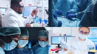 Hastane, laboratuvar ve cerrahi, takım çalışması, yenilik ve gelişmiş sağlık teknolojisi alanlarında uzman ve bilim insanlarının yer aldığı görüntülerin toplanması.