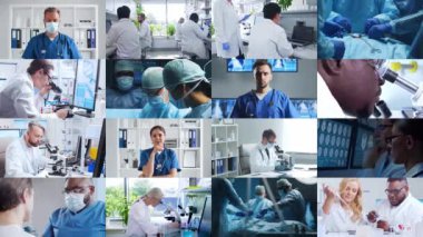 Hastane, laboratuvar ve cerrahi, takım çalışması, yenilik ve gelişmiş sağlık teknolojisi alanlarında uzman ve bilim insanlarının yer aldığı görüntülerin toplanması.