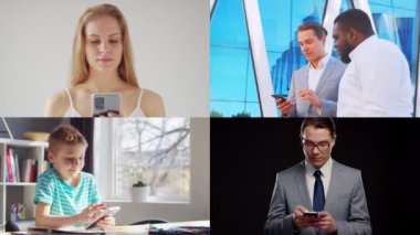 Collage with many different people using smartphone devices. Set collection of many video clips with men and women with mobile phones. The concept of communication, internet and connectivity.