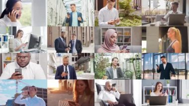 Collage with many different people using smartphone devices. Set collection of many video clips with men and women with mobile phones. The concept of communication, internet and connectivity.