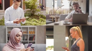 Collage with many different people using smartphone devices. Set collection of many video clips with men and women with mobile phones. The concept of communication, internet and connectivity.