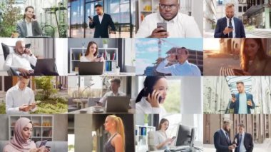 Collage with many different people using smartphone devices. Set collection of many video clips with men and women with mobile phones. The concept of communication, internet and connectivity.