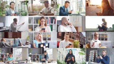 Collage with many different people using smartphone devices. Set collection of many video clips with men and women with mobile phones. The concept of communication, internet and connectivity.