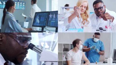 Hastane, laboratuvar ve cerrahi, takım çalışması, yenilik ve gelişmiş sağlık teknolojisi alanlarında uzman ve bilim insanlarının yer aldığı görüntülerin toplanması.