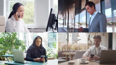 Collage with many different people using smartphone devices. Set collection of many video clips with men and women with mobile phones. The concept of communication, internet and connectivity.