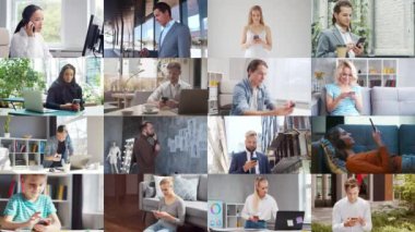 Collage with many different people using smartphone devices. Set collection of many video clips with men and women with mobile phones. The concept of communication, internet and connectivity.