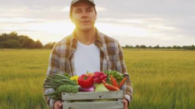 Günbatımı tarımının önündeki çiftçi. Kırsal kesimde bir adam. Kır hayatı, gıda üretimi, tarım ve kırsal yaşam tarzı kavramı.