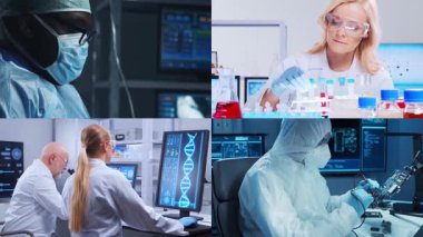 Bilim adamları, laboratuvar ekipmanları ve biyomedikal yenilikler ve klinik çalışmalarda mikroskoplar. Teknoloji ve tıbbi konsept. Eğitici içerik için ideal. Kolaj.