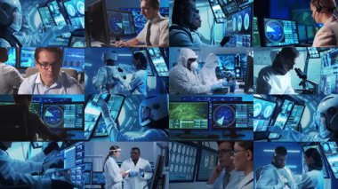 Teknoloji, uzay keşfi ve tıbbi konsept. Bilimadamları, astronotlar, laboratuvar ekipmanları ve biyomedikal yenilikler ve klinik çalışmalarda mikroskoplar. Eğitici içerik için ideal. Kolaj.