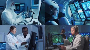 Teknoloji, uzay keşfi ve tıbbi konsept. Bilimadamları, astronotlar, laboratuvar ekipmanları ve biyomedikal yenilikler ve klinik çalışmalarda mikroskoplar. Eğitici içerik için ideal. Kolaj.
