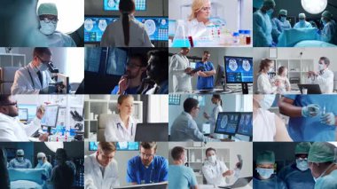 Hastane, laboratuvar ve cerrahi, takım çalışması, yenilik ve gelişmiş sağlık teknolojisi alanlarında uzman ve bilim insanlarının yer aldığı görüntülerin toplanması.