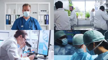 Hastane, laboratuvar ve cerrahi, takım çalışması, yenilik ve gelişmiş sağlık teknolojisi alanlarında uzman ve bilim insanlarının yer aldığı görüntülerin toplanması.