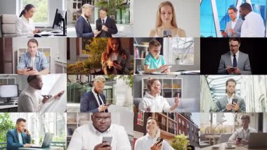 Collage with many different people using smartphone devices. Set collection of many video clips with men and women with mobile phones. The concept of communication, internet and connectivity.