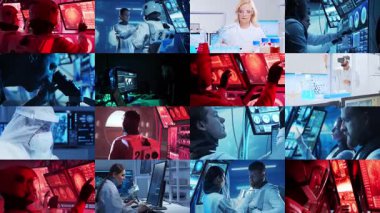 Teknoloji, uzay keşfi ve tıbbi konsept. Bilimadamları, astronotlar, laboratuvar ekipmanları ve biyomedikal yenilikler ve klinik çalışmalarda mikroskoplar. Eğitici içerik için ideal. Kolaj.