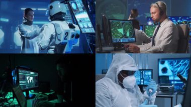 Bilim adamları, laboratuvar ekipmanları ve biyomedikal yenilikler ve klinik çalışmalarda mikroskoplar. Teknoloji ve tıbbi konsept. Eğitici içerik için ideal. Kolaj.