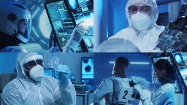 Teknoloji, uzay keşfi ve tıbbi konsept. Bilimadamları, astronotlar, laboratuvar ekipmanları ve biyomedikal yenilikler ve klinik çalışmalarda mikroskoplar. Eğitici içerik için ideal. Kolaj.