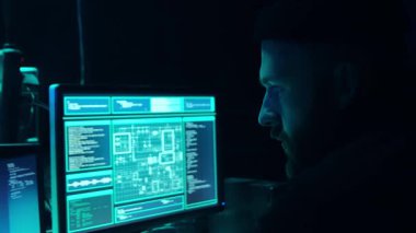 Aranan hackerlar virüs fidye yazılımını bodrumdaki bilgisayar ve dizüstü bilgisayarlarla kodluyorlar. Siber saldırı, sistem kırma ve kötü amaçlı yazılım kavramı.