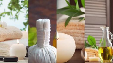 Spa arka plan kolajı. Havlu, mum, çiçek ve bitkisel toplar. Masaj, oryantal terapi, refah ve meditasyon kavramı.