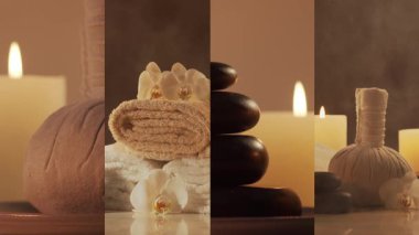 Spa arka plan kolajı. Havlu, mum, çiçek ve bitkisel toplar. Masaj, oryantal terapi, refah ve meditasyon kavramı.