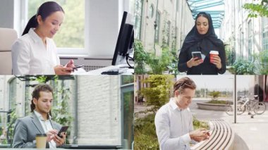 Collage with many different people using smartphone devices. Set collection of many video clips with men and women with mobile phones. The concept of communication, internet and connectivity.
