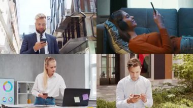 Collage with many different people using smartphone devices. Set collection of many video clips with men and women with mobile phones. The concept of communication, internet and connectivity.
