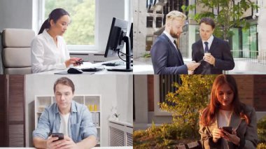 Collage with many different people using smartphone devices. Set collection of many video clips with men and women with mobile phones. The concept of communication, internet and connectivity.
