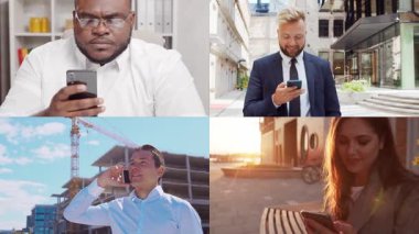 Collage with many different people using smartphone devices. Set collection of many video clips with men and women with mobile phones. The concept of communication, internet and connectivity.