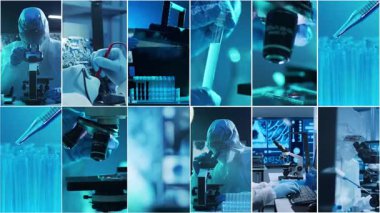 Teknoloji ve tıbbi konsept. Bilim adamları, laboratuvar ekipmanları ve biyomedikal yenilikler ve klinik çalışmalarda mikroskoplar. Eğitici içerik için ideal. Dikey videolardan oluşan kolaj.