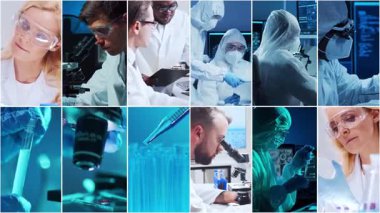 Teknoloji ve tıbbi konsept. Bilim adamları, laboratuvar ekipmanları ve biyomedikal yenilikler ve klinik çalışmalarda mikroskoplar. Eğitici içerik için ideal. Dikey videolardan oluşan kolaj.