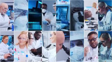 Teknoloji ve tıbbi konsept. Bilim adamları, laboratuvar ekipmanları ve biyomedikal yenilikler ve klinik çalışmalarda mikroskoplar. Eğitici içerik için ideal. Dikey videolardan oluşan kolaj.