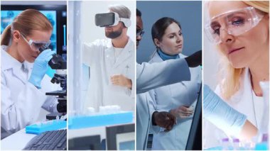 Teknoloji ve tıbbi konsept. Bilim adamları, laboratuvar ekipmanları ve biyomedikal yenilikler ve klinik çalışmalarda mikroskoplar. Eğitici içerik için ideal. Dikey videolardan oluşan kolaj.