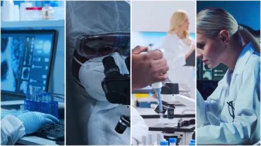 Teknoloji ve tıbbi konsept. Bilim adamları, laboratuvar ekipmanları ve biyomedikal yenilikler ve klinik çalışmalarda mikroskoplar. Eğitici içerik için ideal. Dikey videolardan oluşan kolaj.