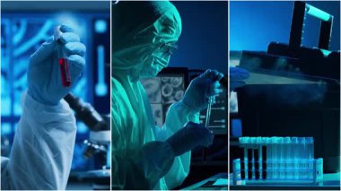 Teknoloji ve tıbbi konsept. Bilim adamları, laboratuvar ekipmanları ve biyomedikal yenilikler ve klinik çalışmalarda mikroskoplar. Eğitici içerik için ideal. Dikey videolardan oluşan kolaj.