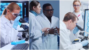 Teknoloji ve tıbbi konsept. Bilim adamları, laboratuvar ekipmanları ve biyomedikal yenilikler ve klinik çalışmalarda mikroskoplar. Eğitici içerik için ideal. Dikey videolardan oluşan kolaj.