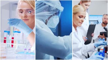 Teknoloji ve tıbbi konsept. Bilim adamları, laboratuvar ekipmanları ve biyomedikal yenilikler ve klinik çalışmalarda mikroskoplar. Eğitici içerik için ideal. Dikey videolardan oluşan kolaj.