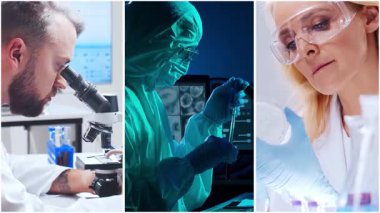 Teknoloji ve tıbbi konsept. Bilim adamları, laboratuvar ekipmanları ve biyomedikal yenilikler ve klinik çalışmalarda mikroskoplar. Eğitici içerik için ideal. Dikey videolardan oluşan kolaj.