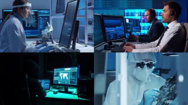 Bilim adamları, laboratuvar ekipmanları ve biyomedikal yenilikler ve klinik çalışmalarda mikroskoplar. Teknoloji ve tıbbi konsept. Eğitici içerik için ideal. Kolaj.