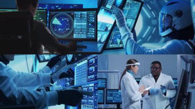 Teknoloji, uzay keşfi ve tıbbi konsept. Bilimadamları, astronotlar, laboratuvar ekipmanları ve biyomedikal yenilikler ve klinik çalışmalarda mikroskoplar. Eğitici içerik için ideal. Kolaj.