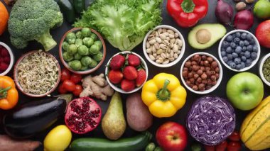 Sağlıklı yiyecekler: taze sebzeler, meyveler ve süper yiyecekler. Temiz yemek ve detoks. Beslenme, diyet, vejetaryen gıda konsepti.